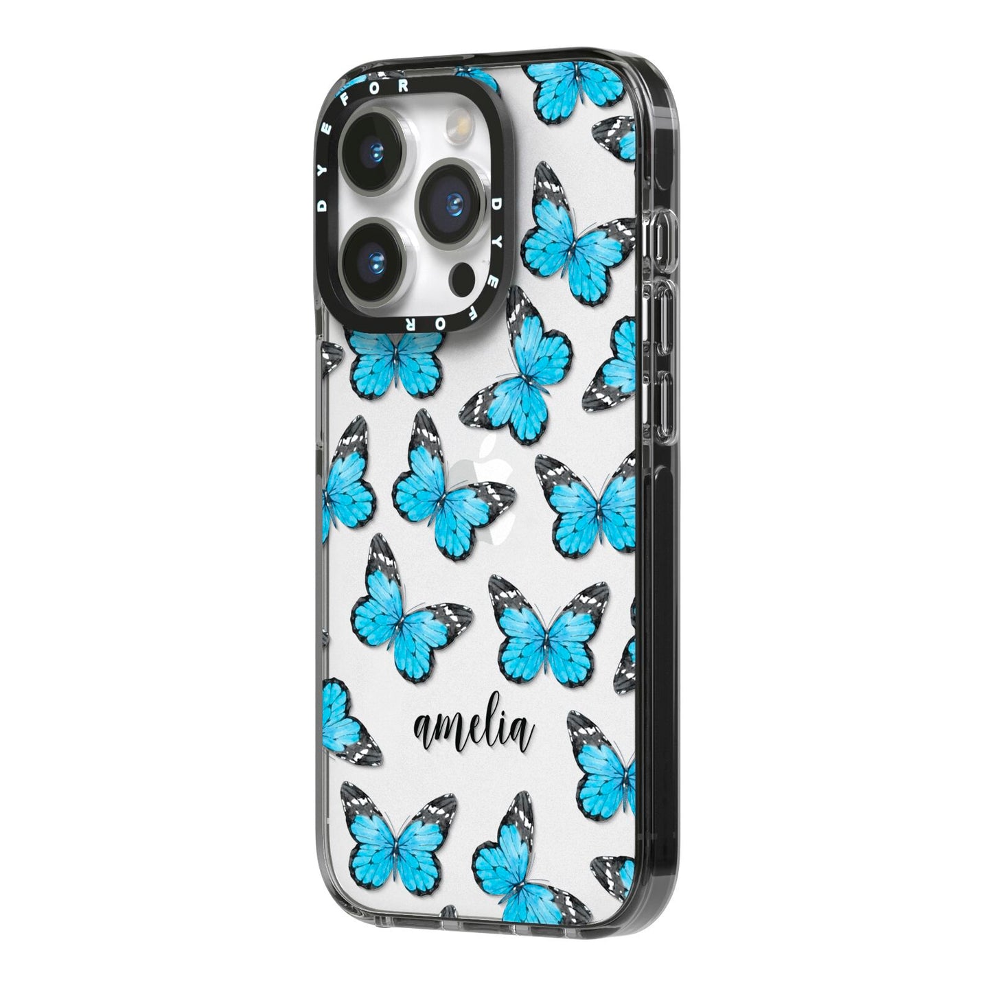 Blue Butterflies with Name iPhone 14 Pro Black Impact Case Side Angle on Silver phone