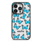 Blue Butterflies with Name iPhone 14 Pro Black Impact Case on Silver phone