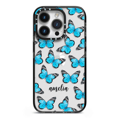 Blue Butterflies with Name iPhone 14 Pro Black Impact Case on Silver phone