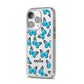 Blue Butterflies with Name iPhone 14 Pro Clear Tough Case Silver Angled Image