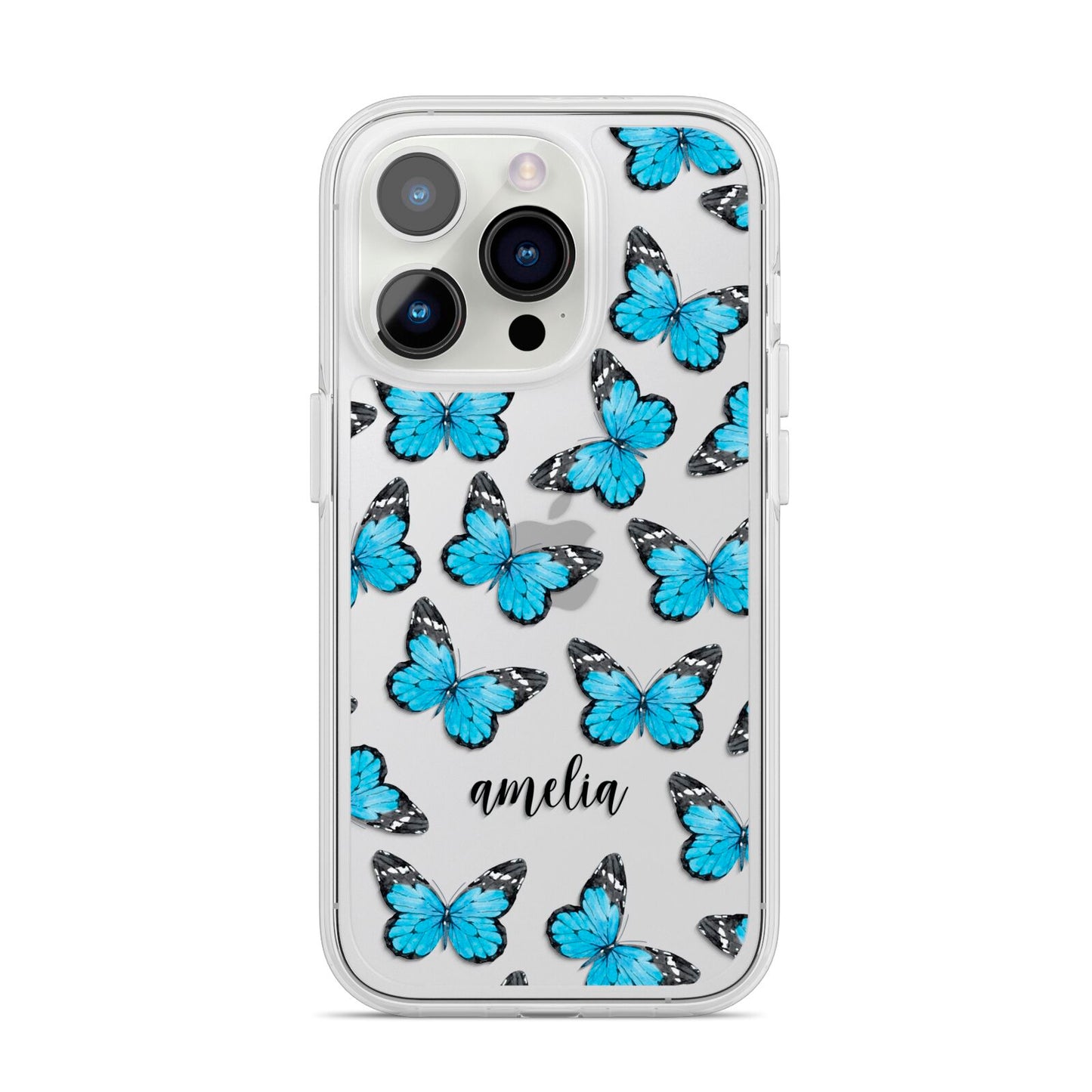 Blue Butterflies with Name iPhone 14 Pro Clear Tough Case Silver