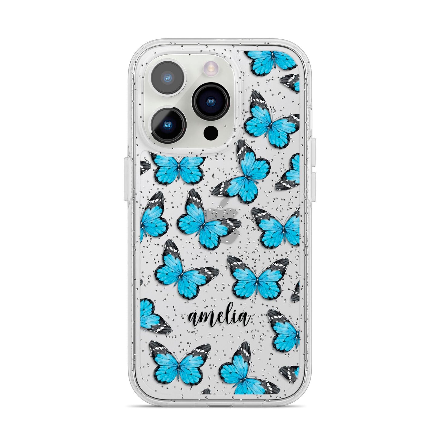 Blue Butterflies with Name iPhone 14 Pro Glitter Tough Case Silver