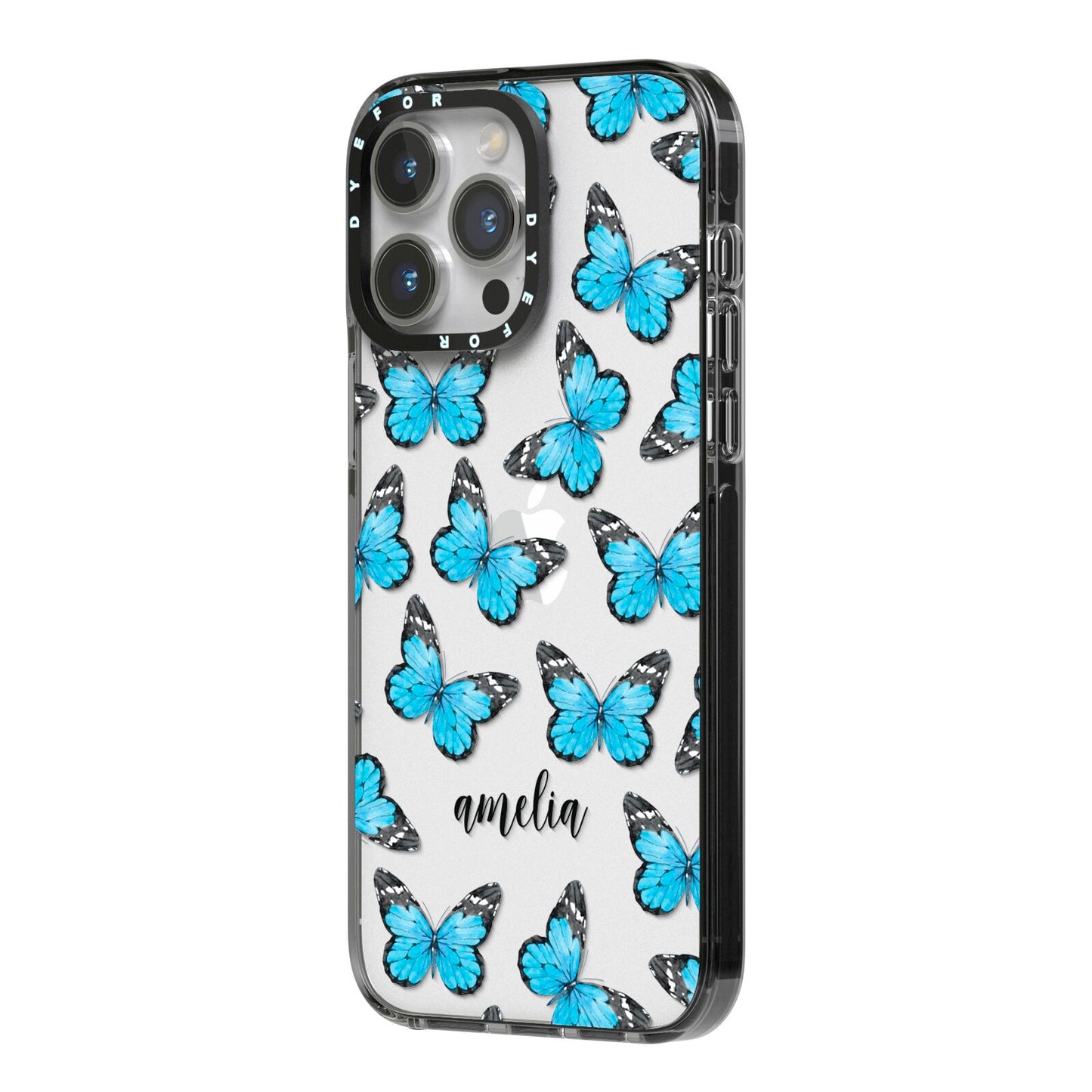 Blue Butterflies with Name iPhone 14 Pro Max Black Impact Case Side Angle on Silver phone