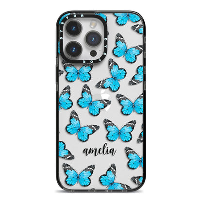 Blue Butterflies with Name iPhone 14 Pro Max Black Impact Case on Silver phone