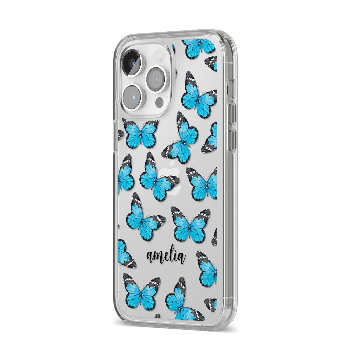 Blue Butterflies with Name iPhone 14 Pro Max Clear Tough Case Silver Angled Image