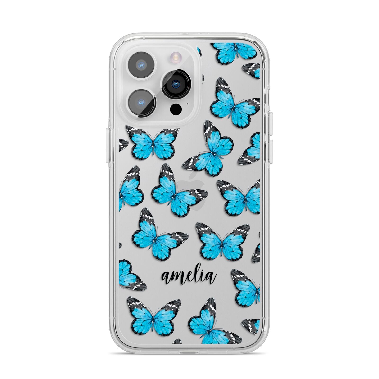 Blue Butterflies with Name iPhone 14 Pro Max Clear Tough Case Silver