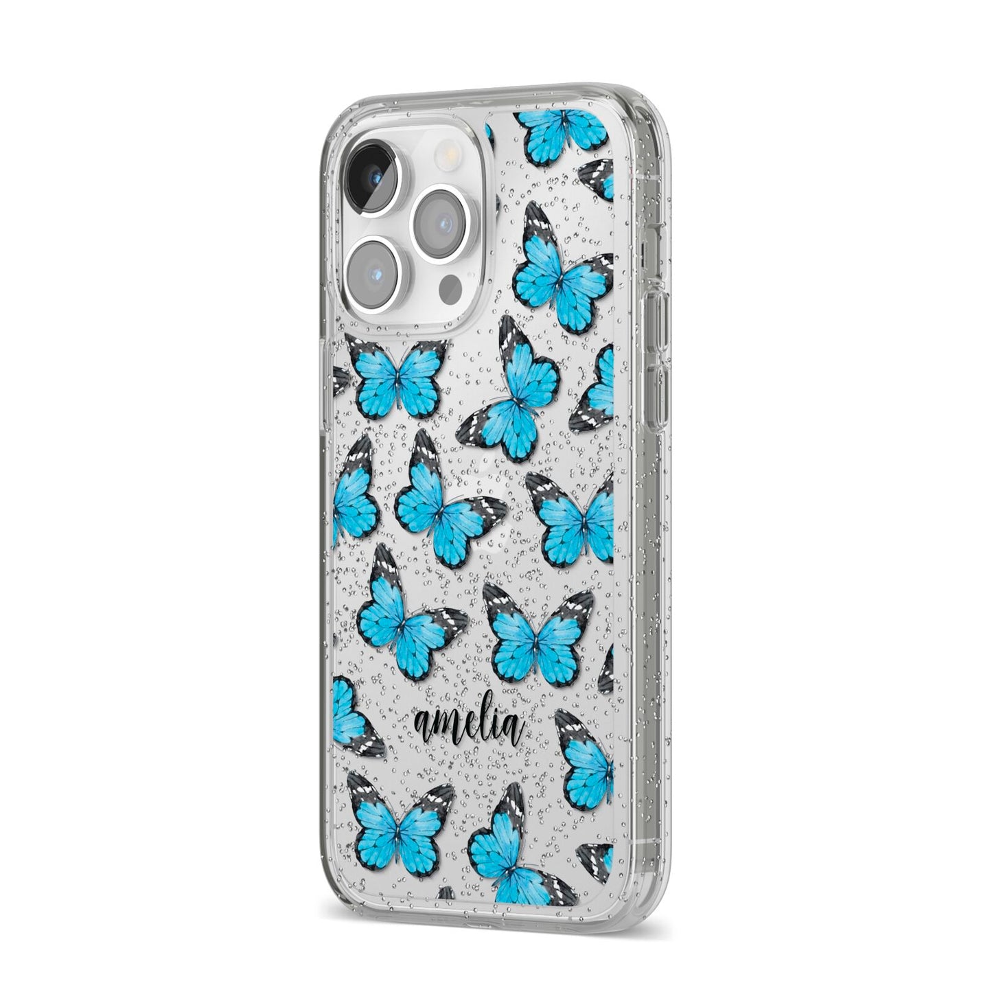 Blue Butterflies with Name iPhone 14 Pro Max Glitter Tough Case Silver Angled Image