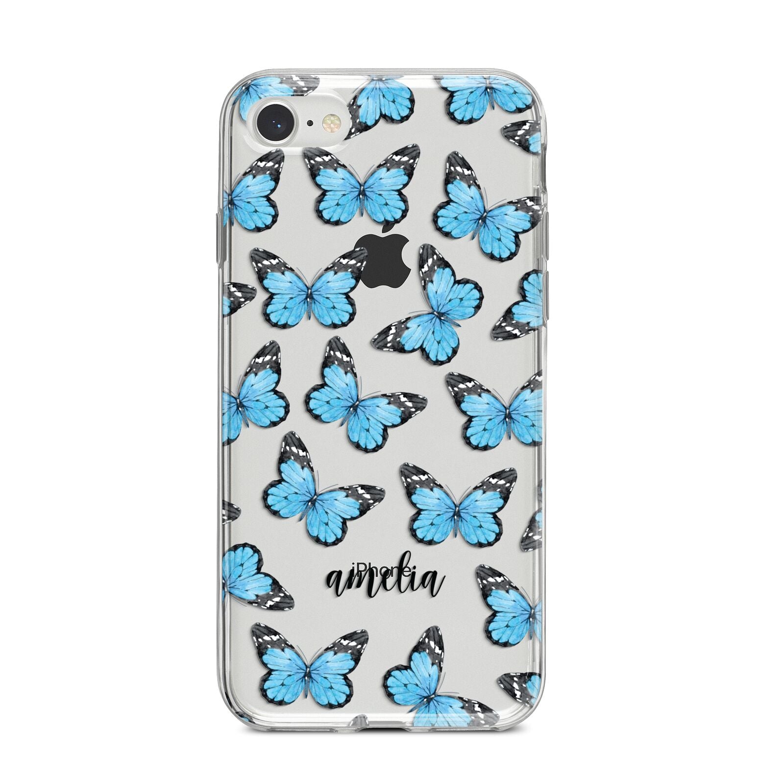 Blue Butterflies with Name iPhone 8 Bumper Case on Silver iPhone