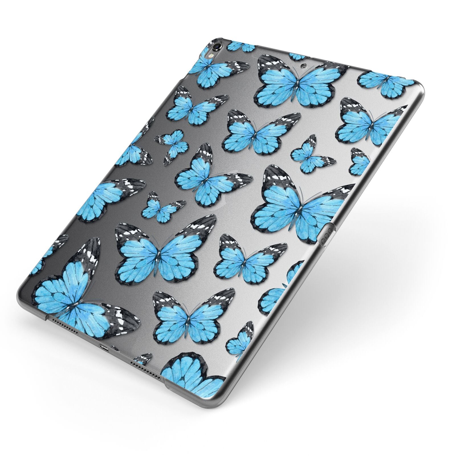 Blue Butterfly Apple iPad Case on Grey iPad Side View