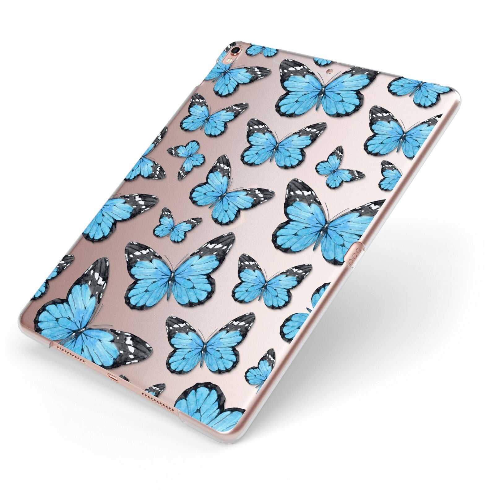 Blue Butterfly Apple iPad Case on Rose Gold iPad Side View