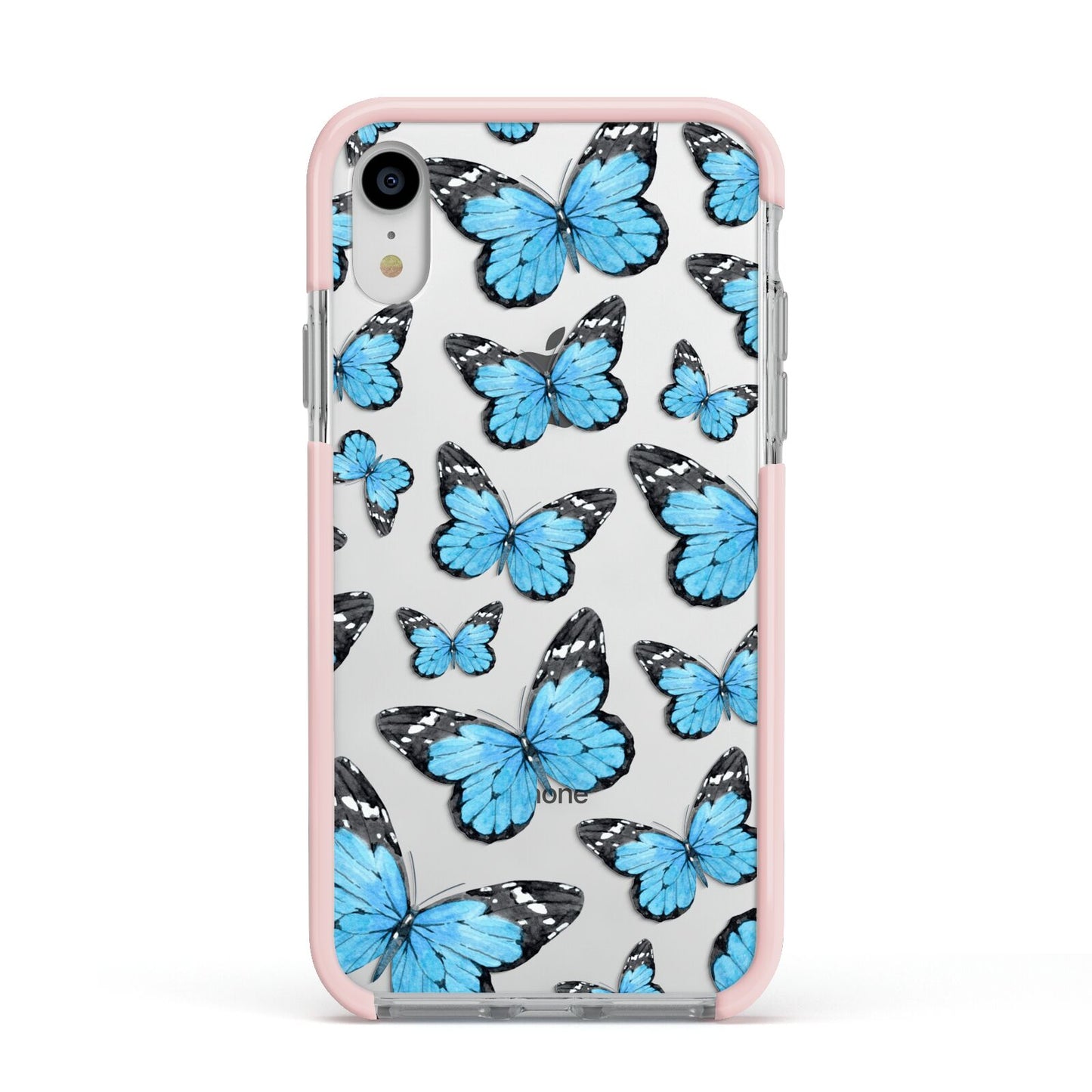 Blue Butterfly Apple iPhone XR Impact Case Pink Edge on Silver Phone