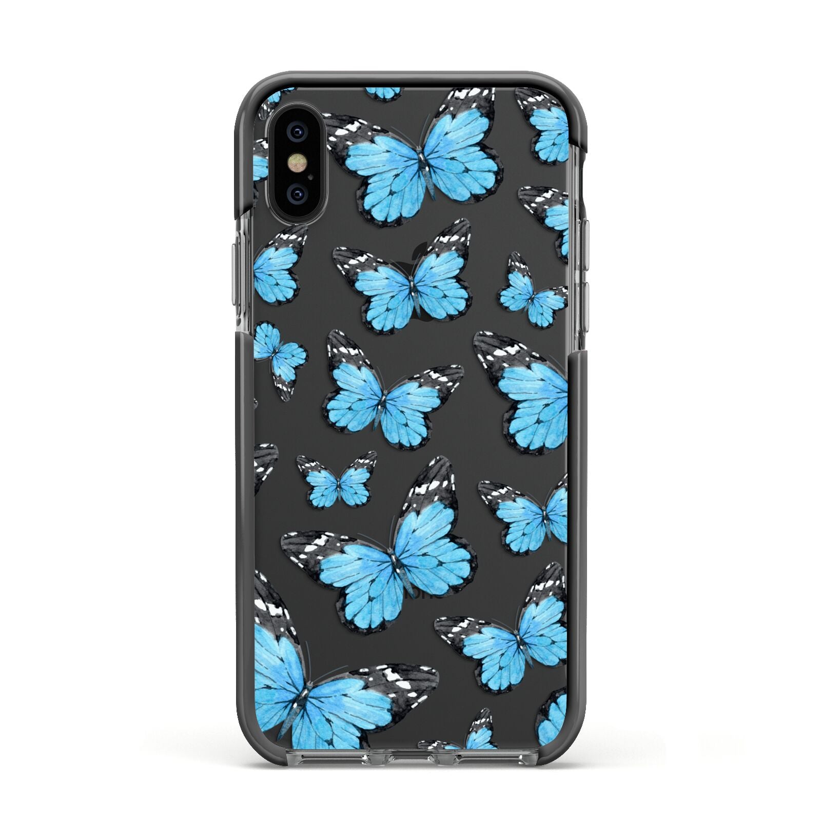 Blue Butterfly Apple iPhone Xs Impact Case Black Edge on Black Phone