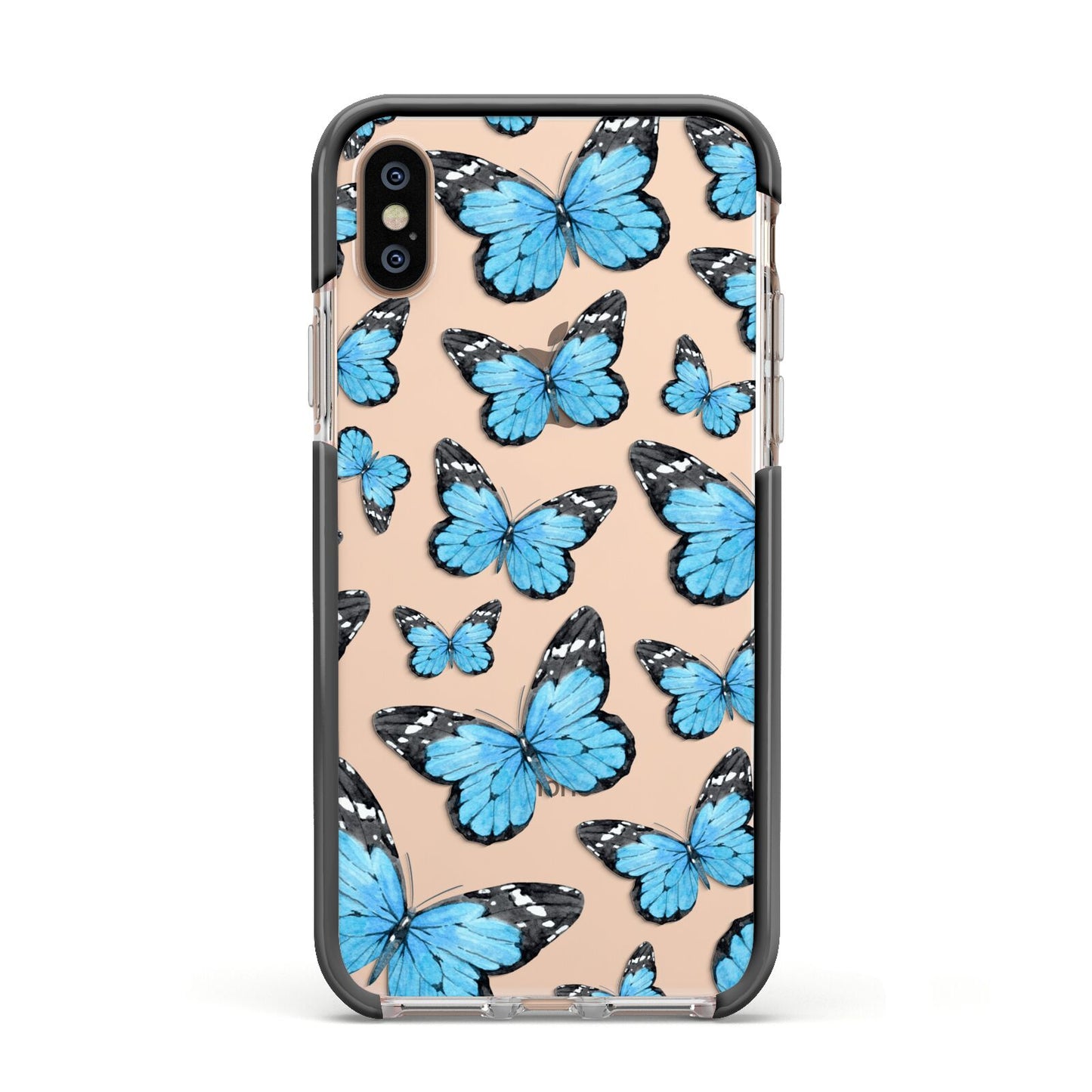 Blue Butterfly Apple iPhone Xs Impact Case Black Edge on Gold Phone