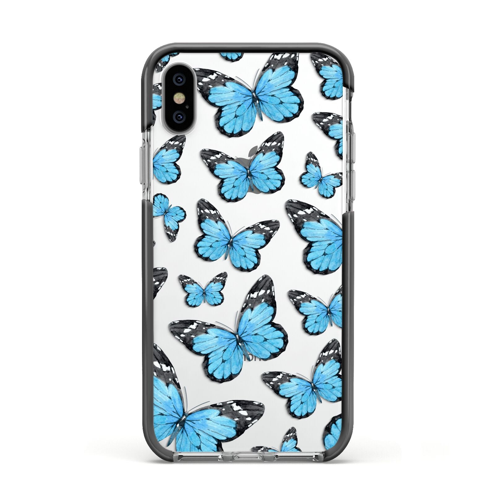 Blue Butterfly Apple iPhone Xs Impact Case Black Edge on Silver Phone