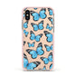 Blue Butterfly Apple iPhone Xs Impact Case Pink Edge on Gold Phone