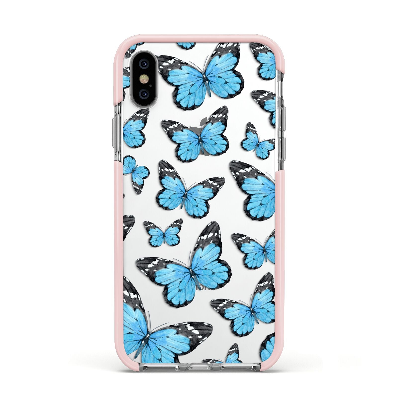 Blue Butterfly Apple iPhone Xs Impact Case Pink Edge on Silver Phone