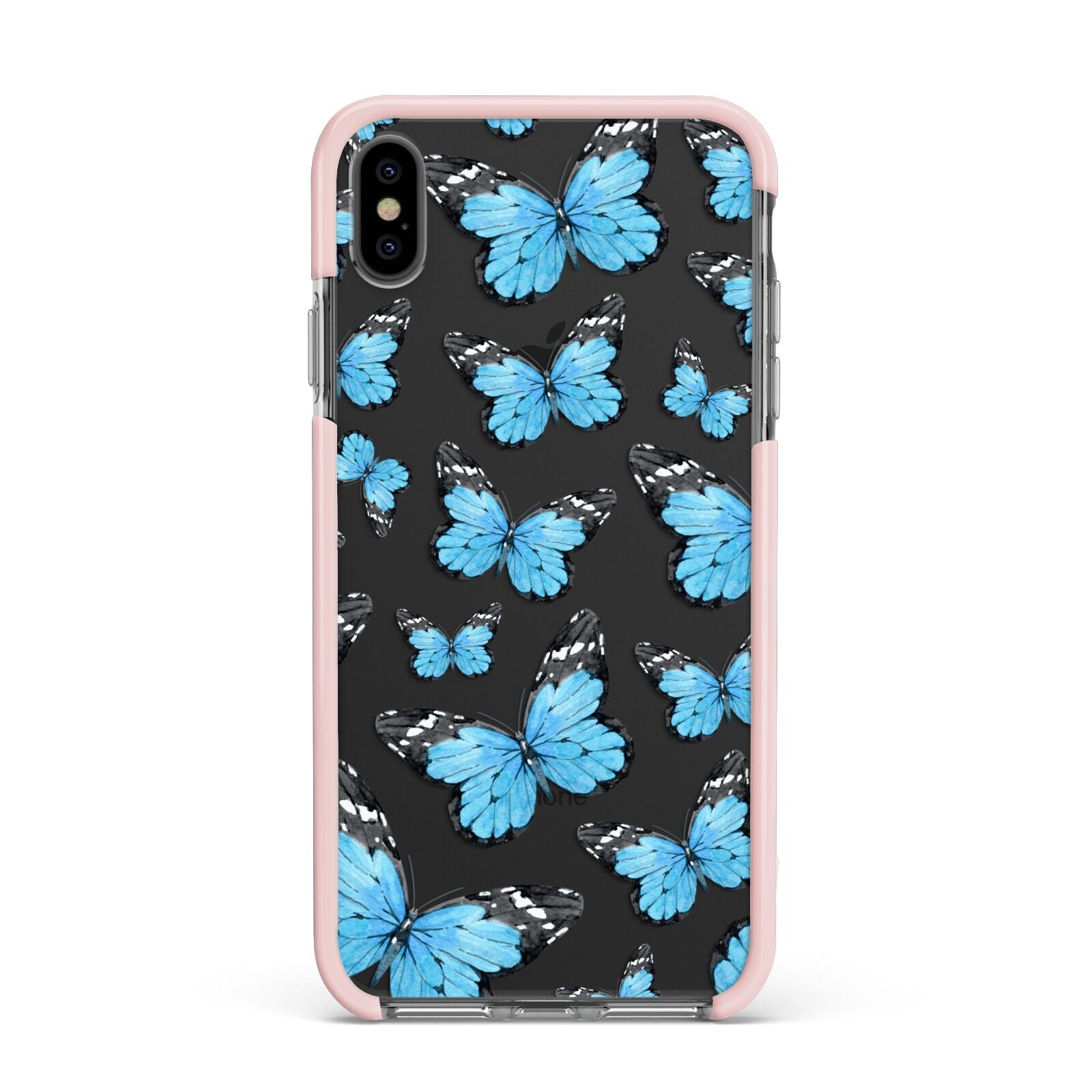 Blue Butterfly Apple iPhone Xs Max Impact Case Pink Edge on Black Phone