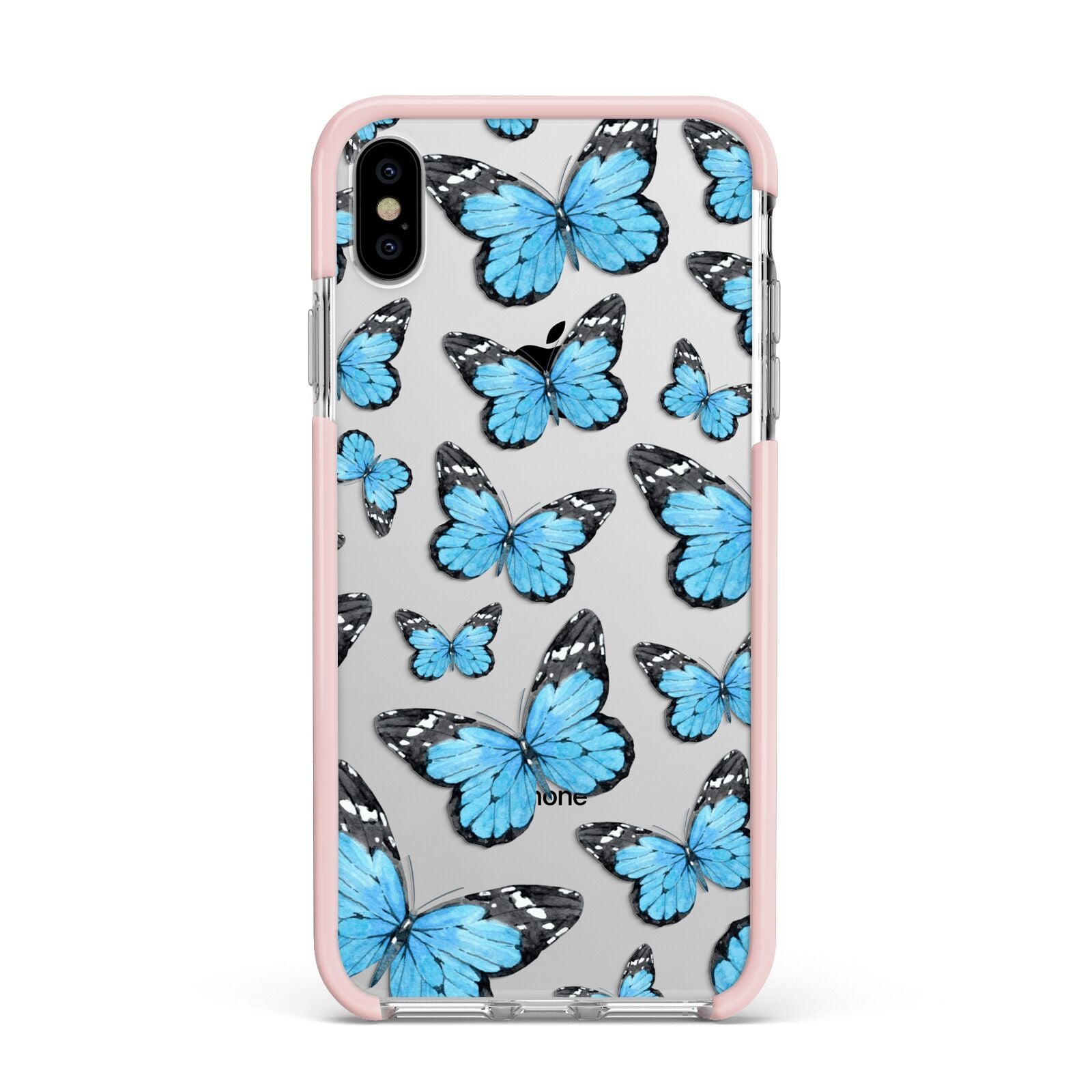 Blue Butterfly Apple iPhone Xs Max Impact Case Pink Edge on Silver Phone
