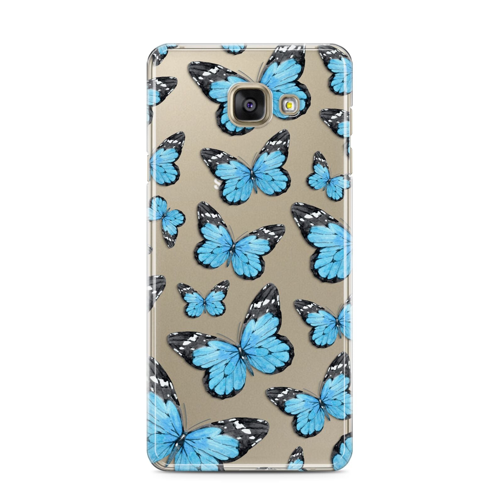 Blue Butterfly Samsung Galaxy A3 2016 Case on gold phone