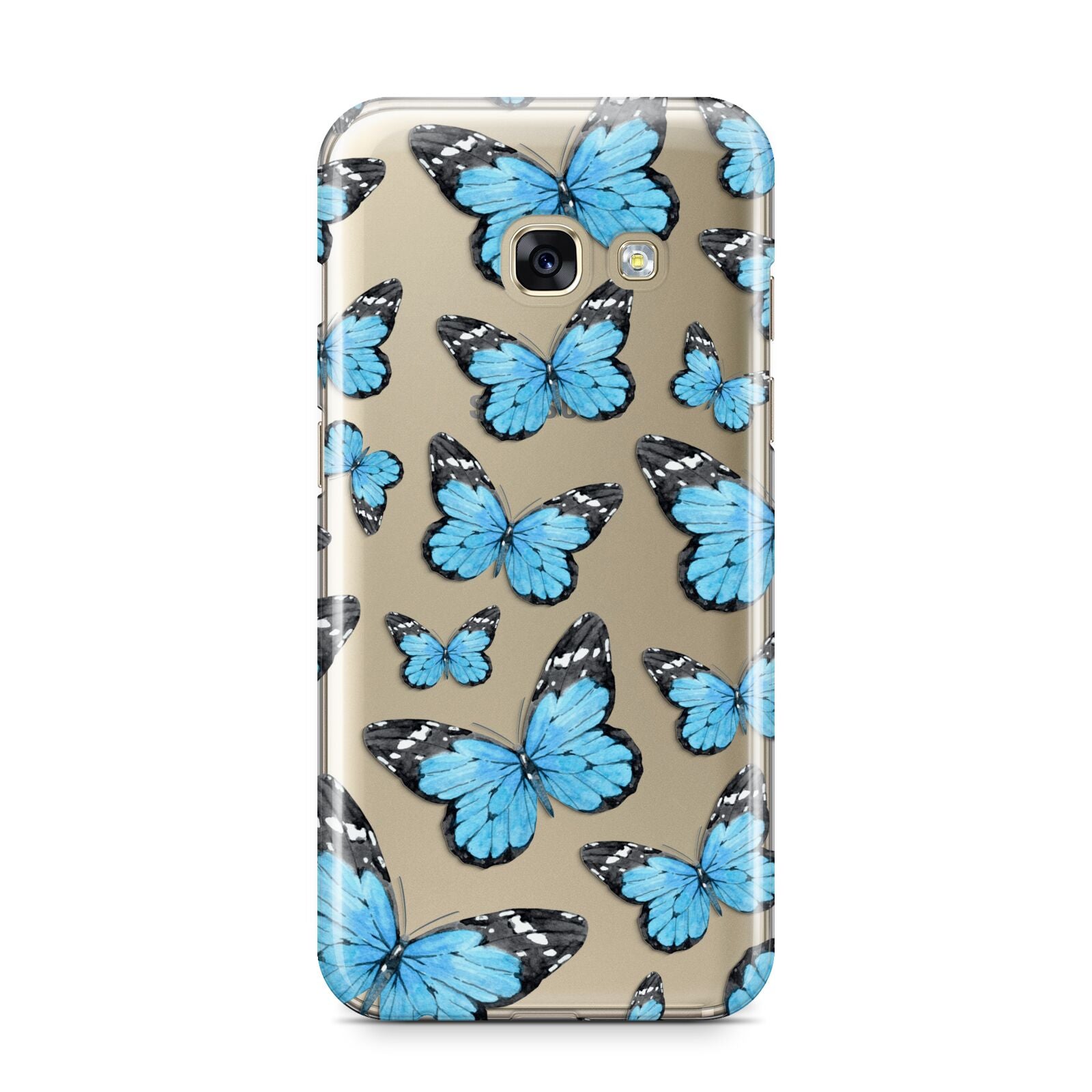 Blue Butterfly Samsung Galaxy A3 2017 Case on gold phone
