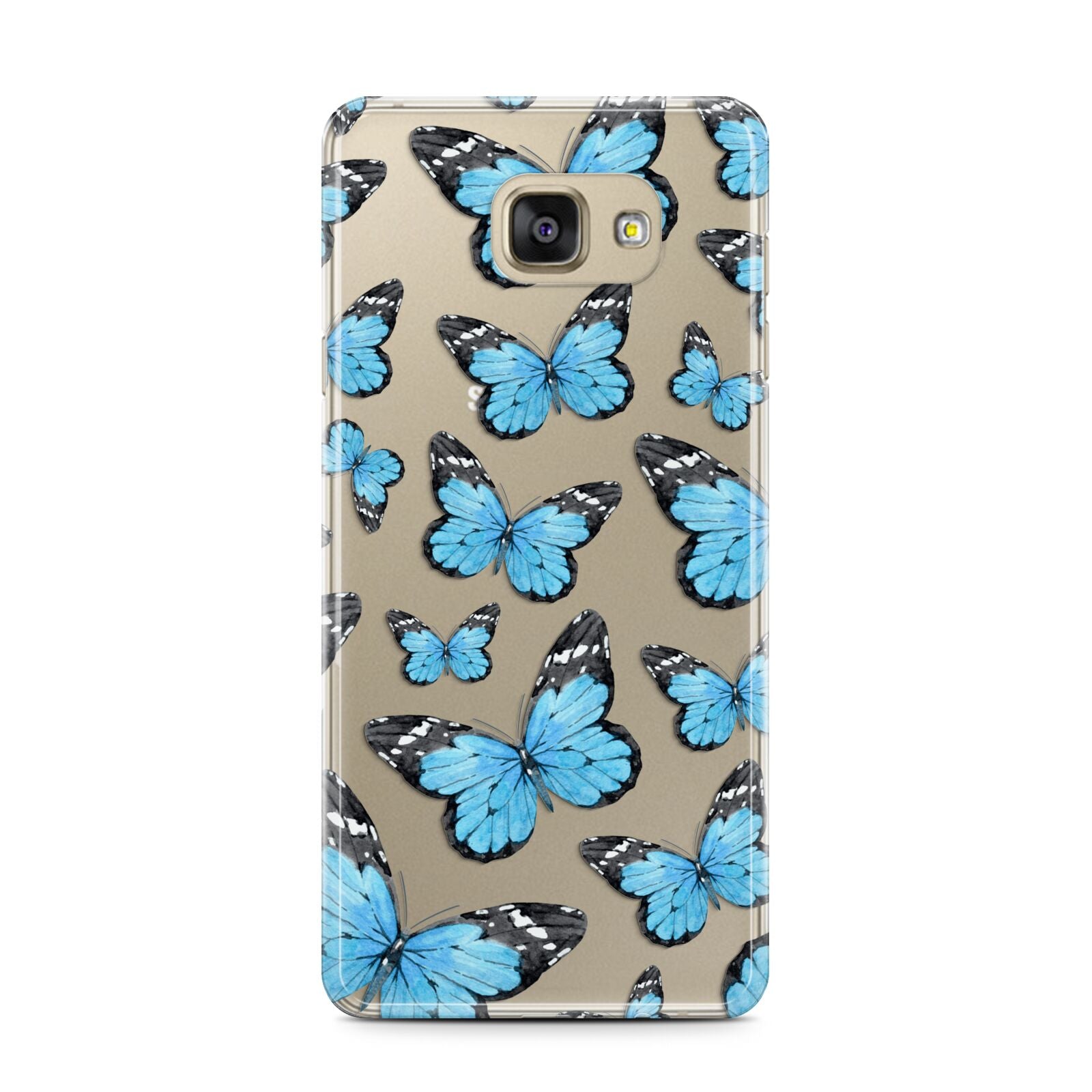 Blue Butterfly Samsung Galaxy A7 2016 Case on gold phone
