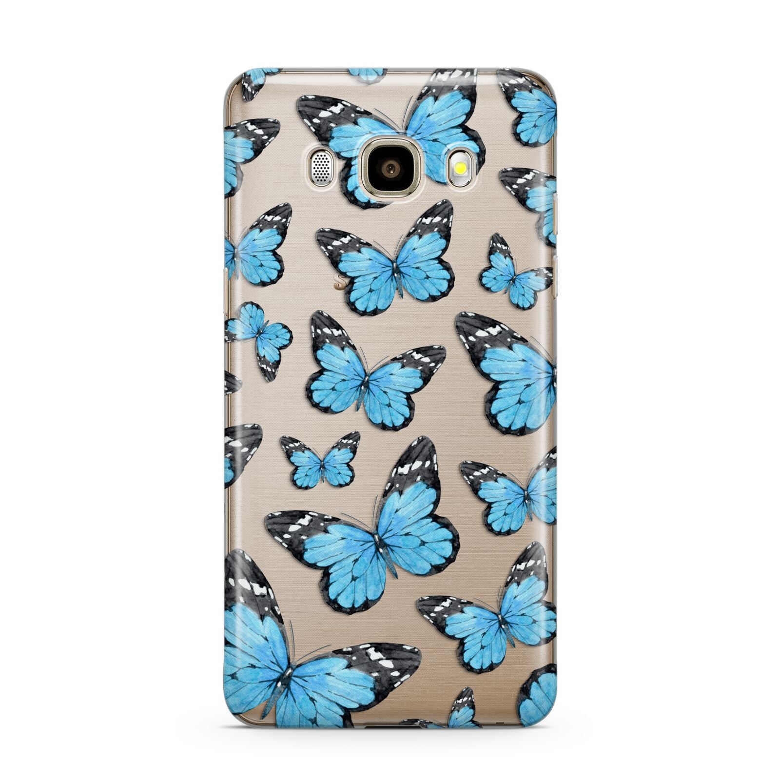 Blue Butterfly Samsung Galaxy J7 2016 Case on gold phone