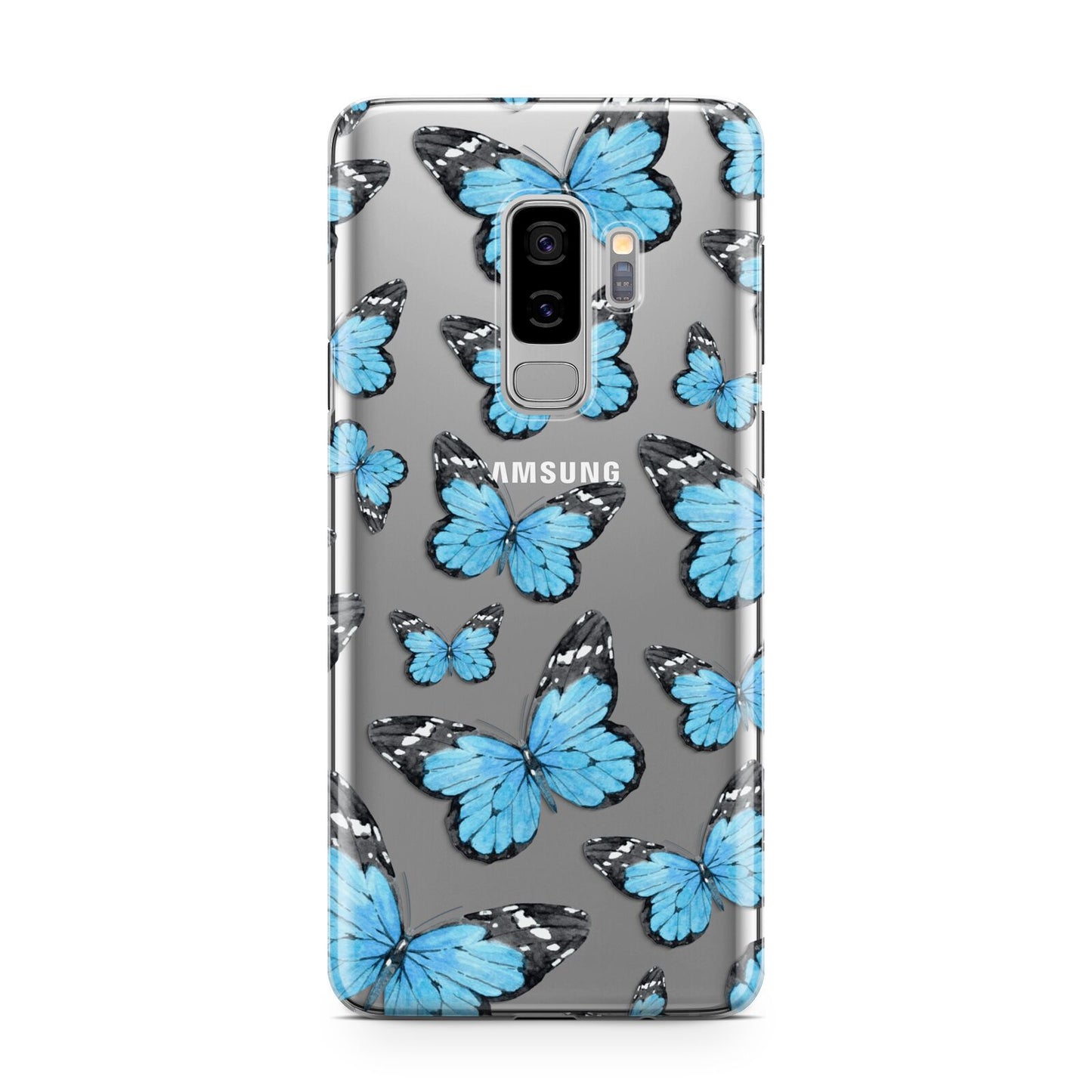 Blue Butterfly Samsung Galaxy S9 Plus Case on Silver phone