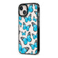 Blue Butterfly iPhone 13 Black Impact Case Side Angle on Silver phone