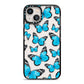 Blue Butterfly iPhone 13 Black Impact Case on Silver phone