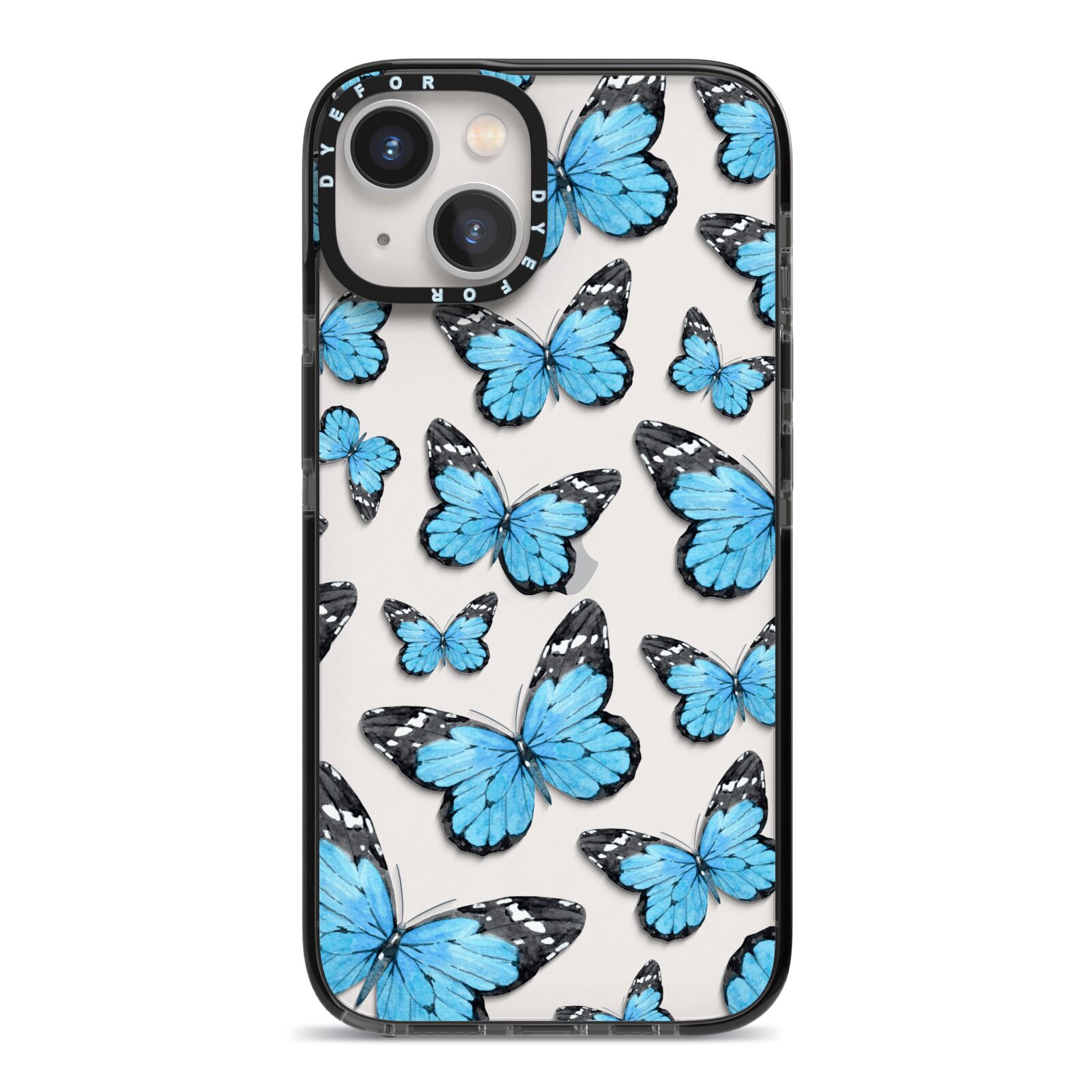 Blue Butterfly iPhone 13 Black Impact Case on Silver phone