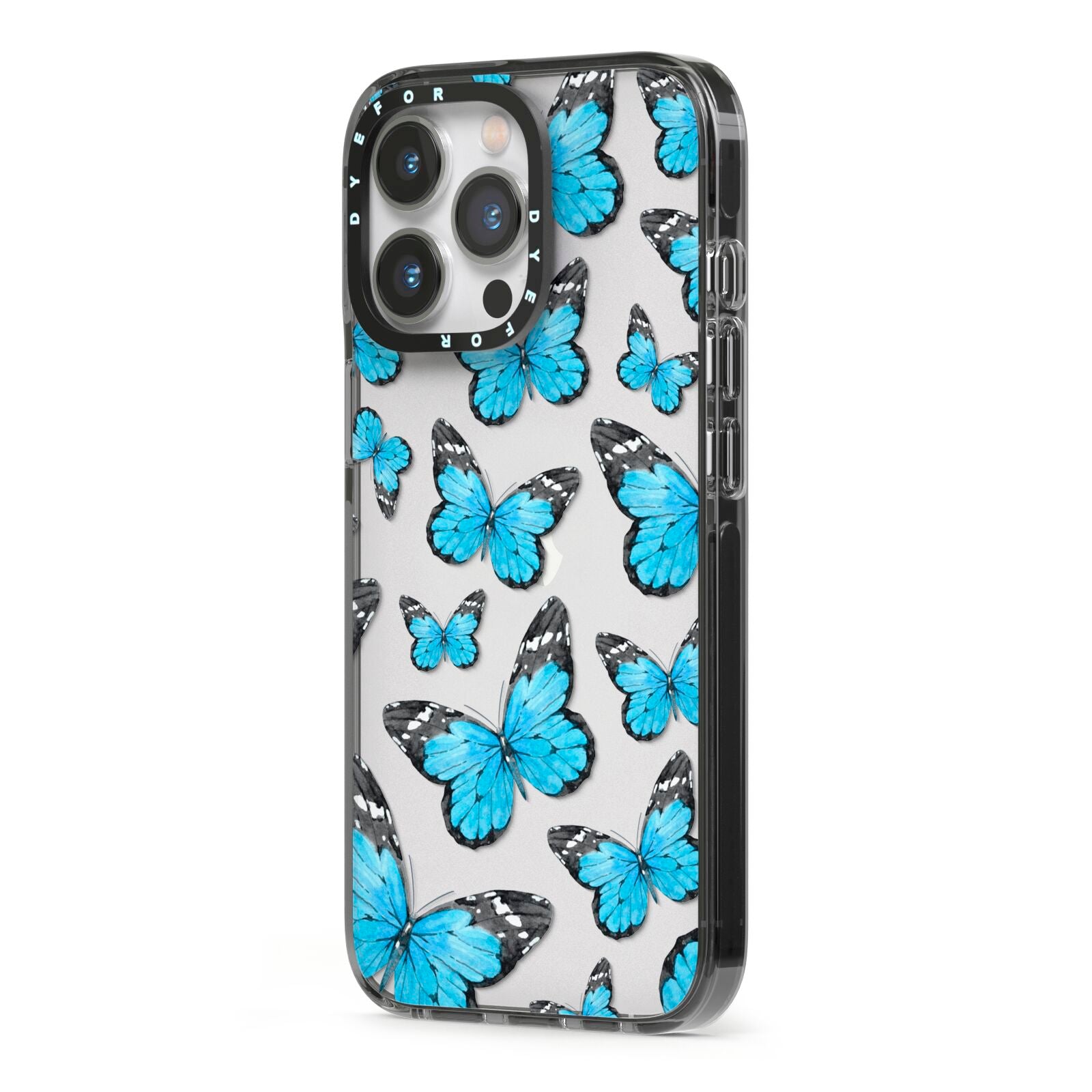 Blue Butterfly iPhone 13 Pro Black Impact Case Side Angle on Silver phone