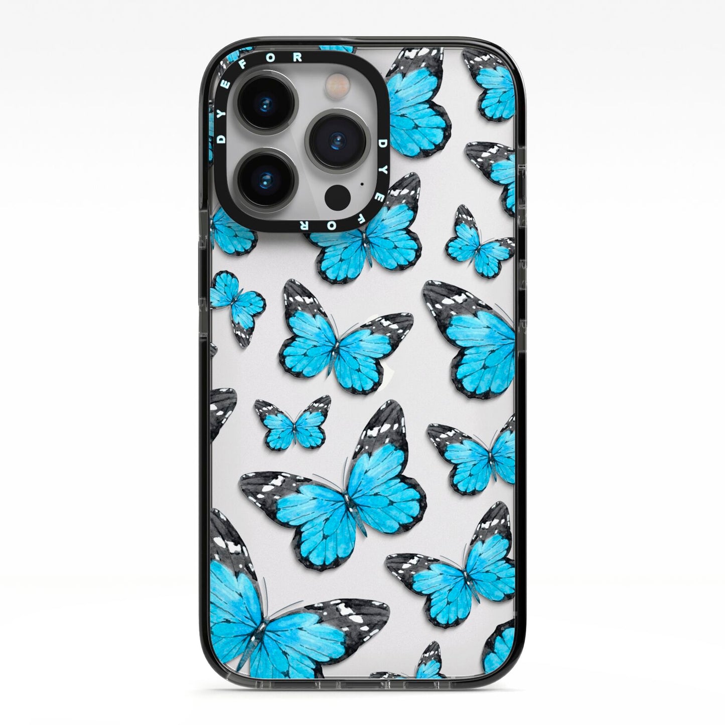 Blue Butterfly iPhone 13 Pro Black Impact Case on Silver phone