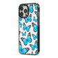 Blue Butterfly iPhone 13 Pro Max Black Impact Case Side Angle on Silver phone