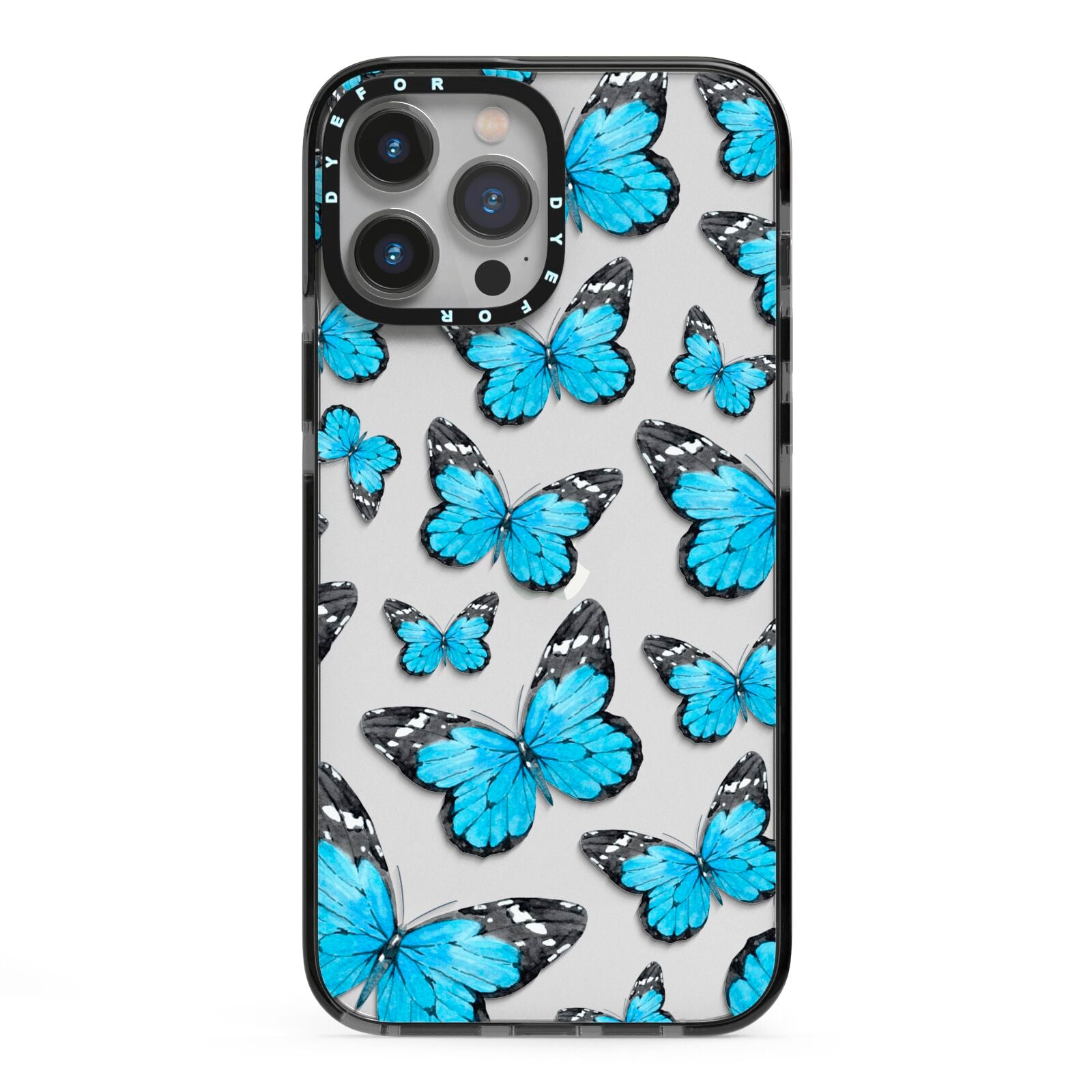 Blue Butterfly iPhone 13 Pro Max Black Impact Case on Silver phone