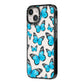 Blue Butterfly iPhone 14 Black Impact Case Side Angle on Silver phone