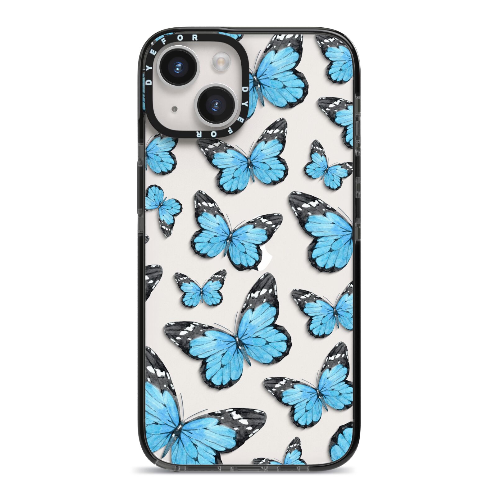 Blue Butterfly iPhone 14 Black Impact Case on Silver phone