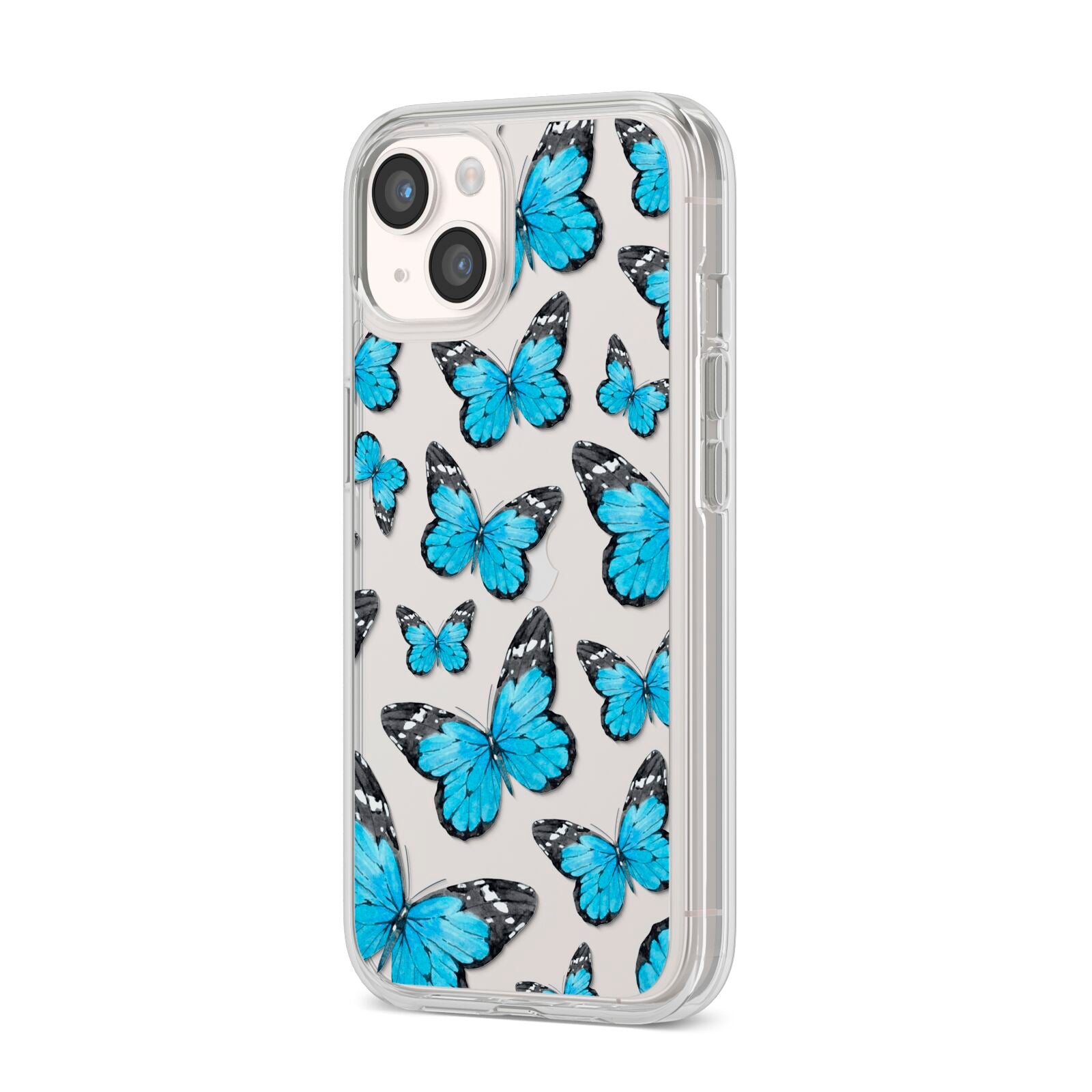 Blue Butterfly iPhone 14 Clear Tough Case Starlight Angled Image