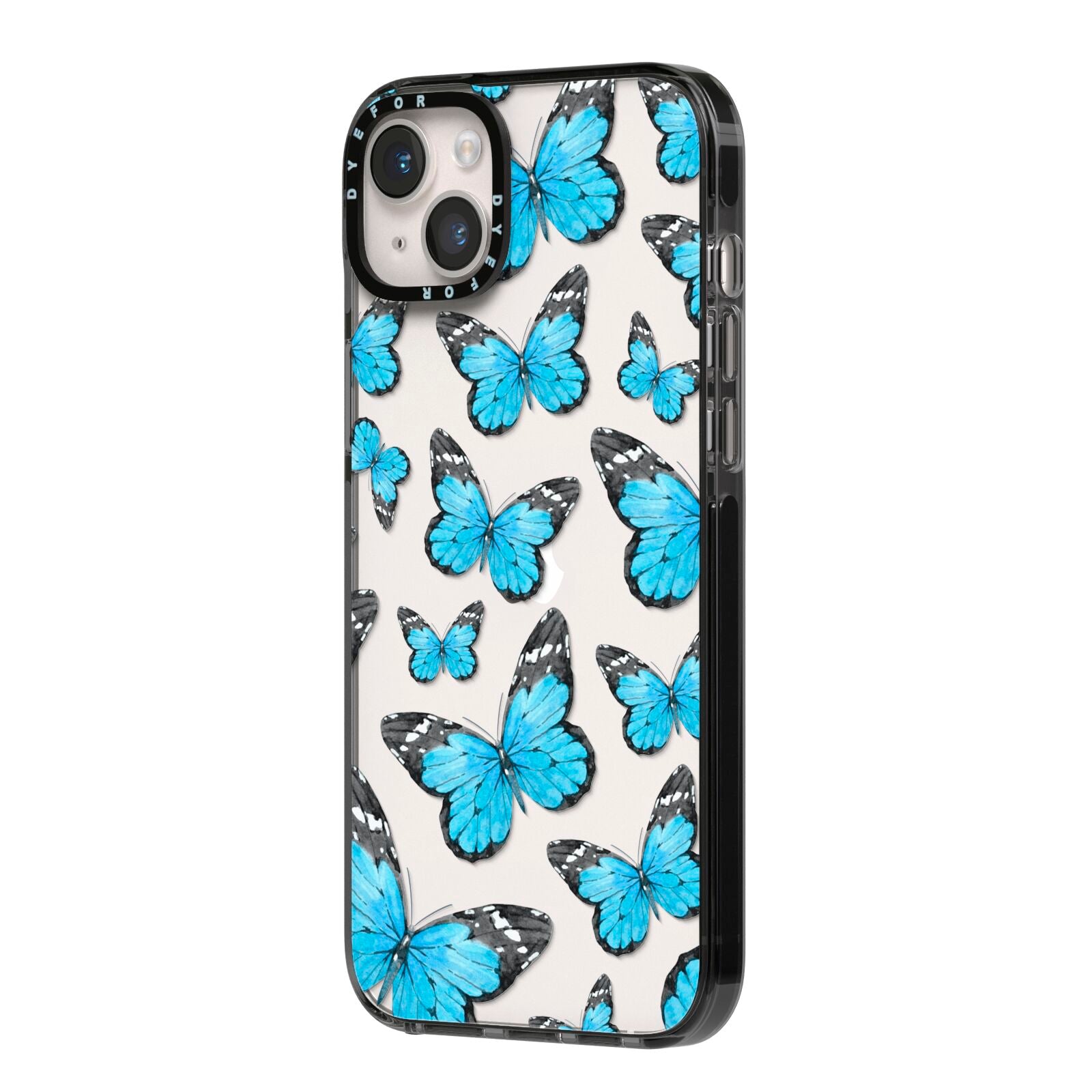 Blue Butterfly iPhone 14 Plus Black Impact Case Side Angle on Silver phone