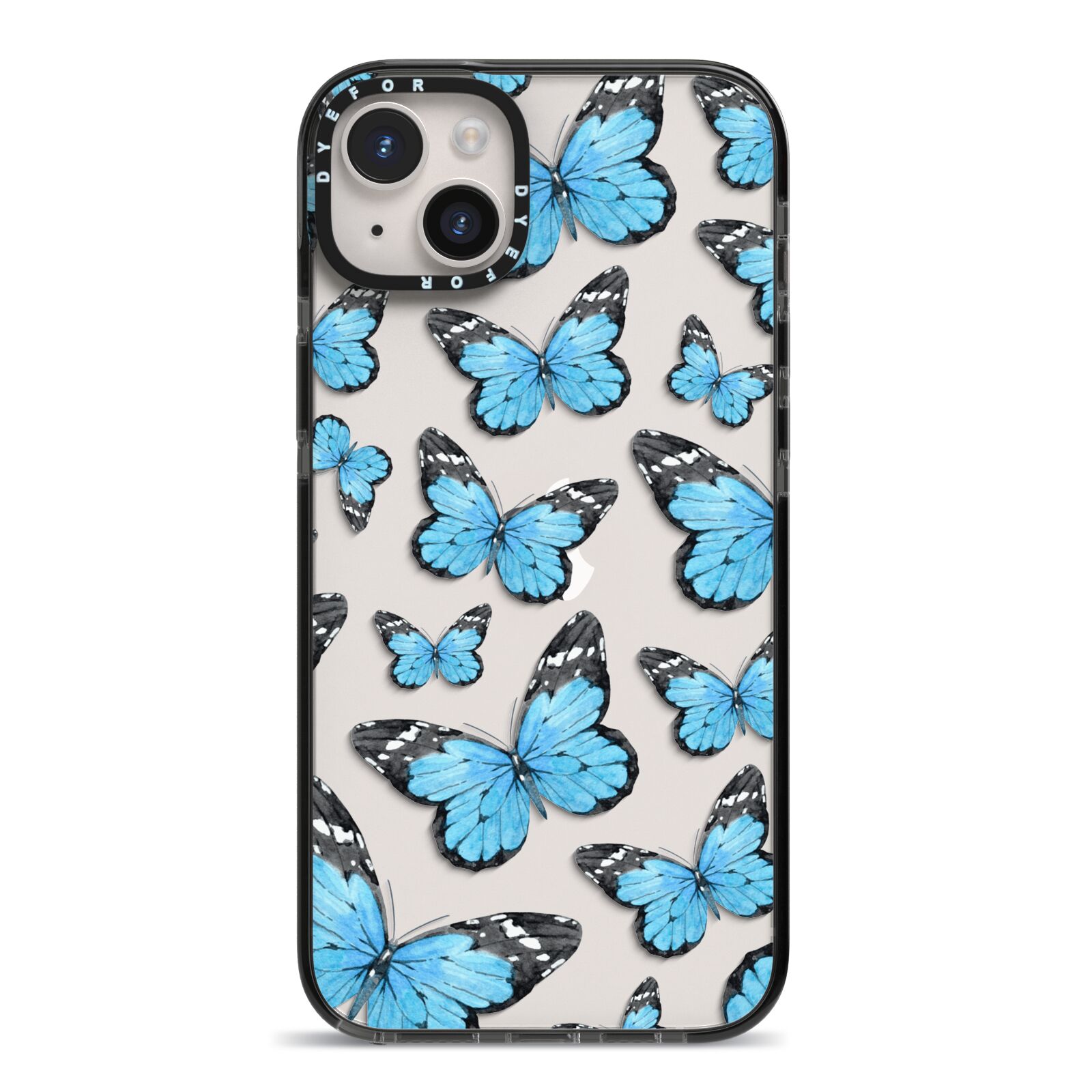 Blue Butterfly iPhone 14 Plus Black Impact Case on Silver phone
