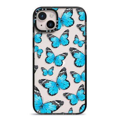 Blue Butterfly iPhone 14 Plus Black Impact Case on Silver phone