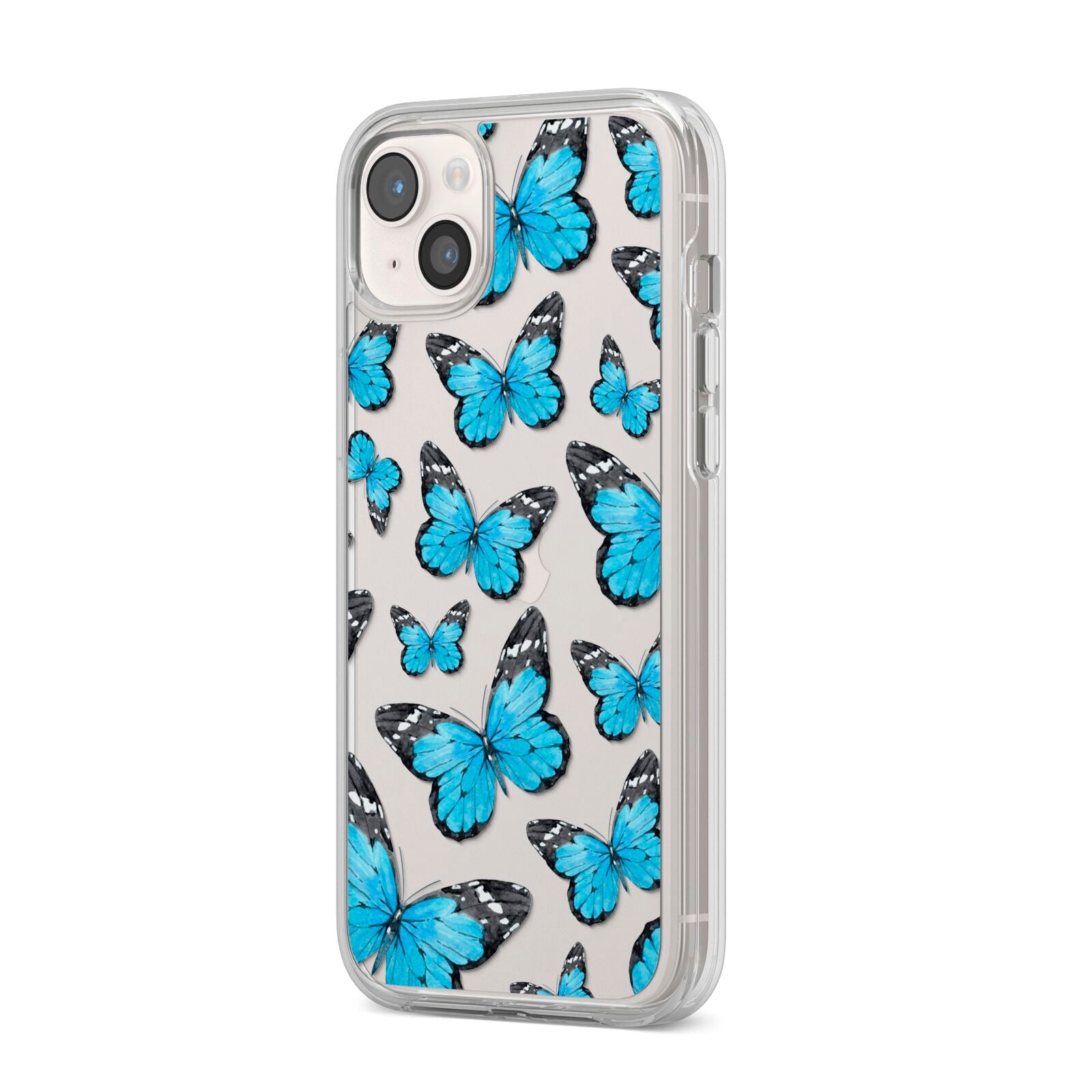 Blue Butterfly iPhone 14 Plus Clear Tough Case Starlight Angled Image