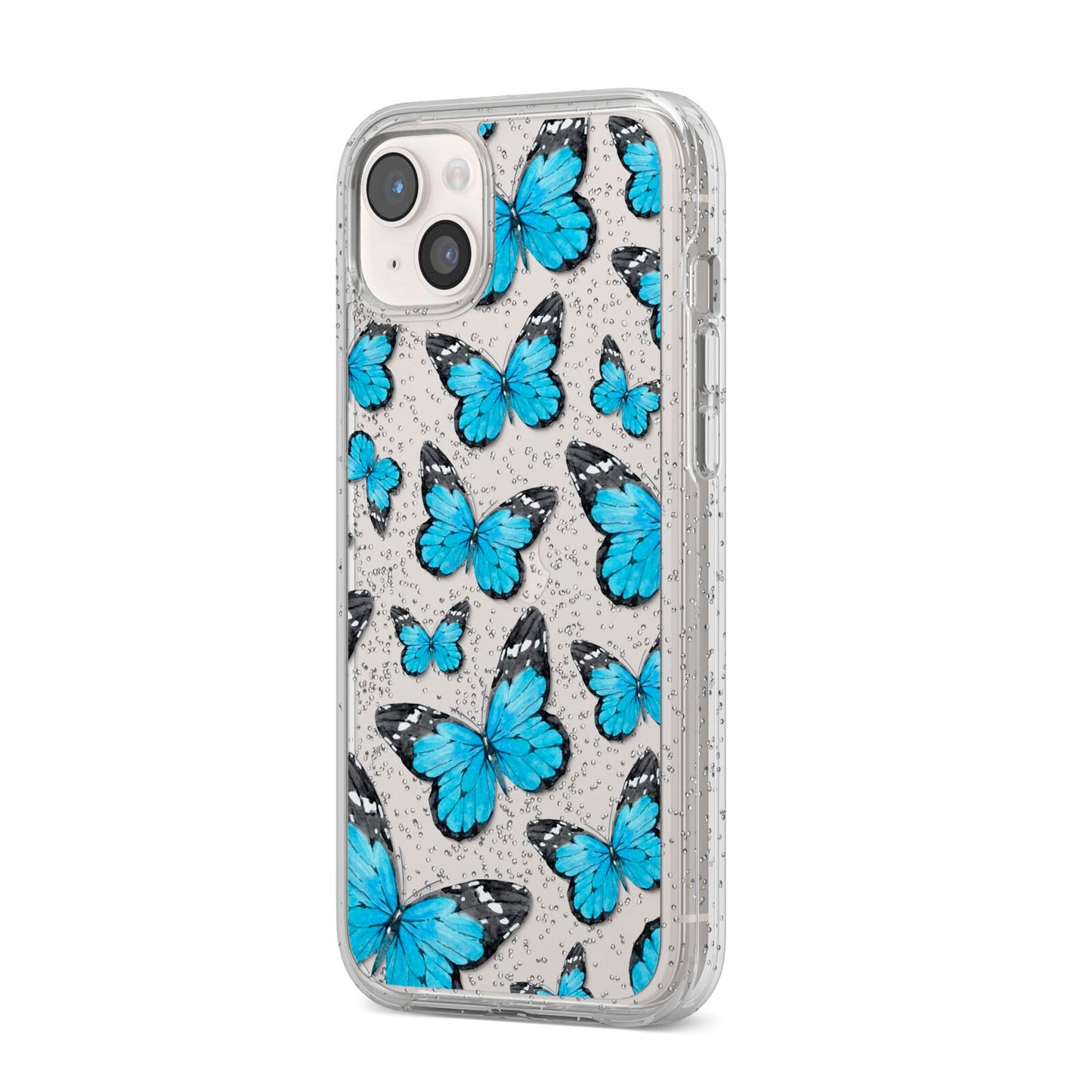 Blue Butterfly iPhone 14 Plus Glitter Tough Case Starlight Angled Image