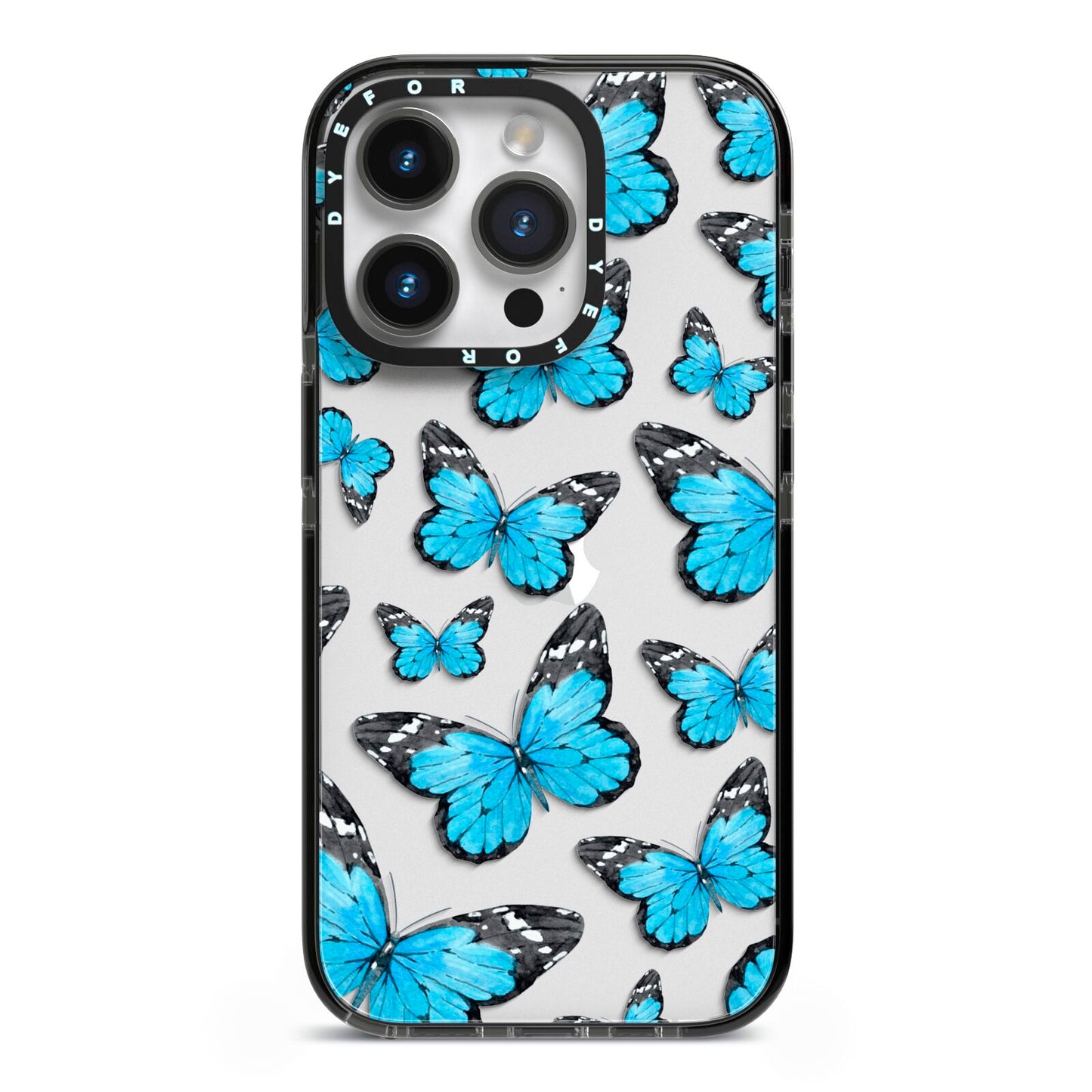 Blue Butterfly iPhone 14 Pro Black Impact Case on Silver phone