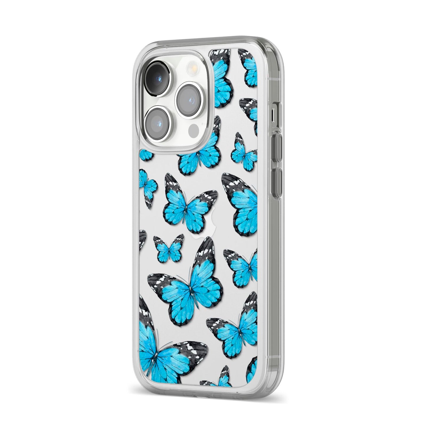 Blue Butterfly iPhone 14 Pro Clear Tough Case Silver Angled Image