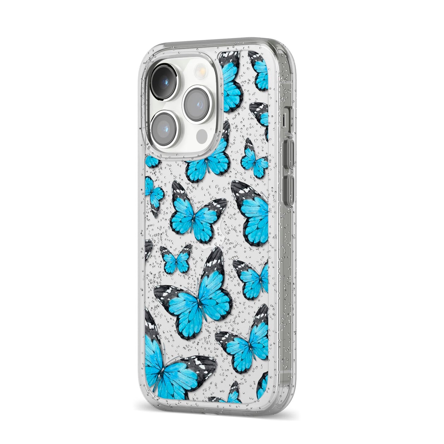 Blue Butterfly iPhone 14 Pro Glitter Tough Case Silver Angled Image