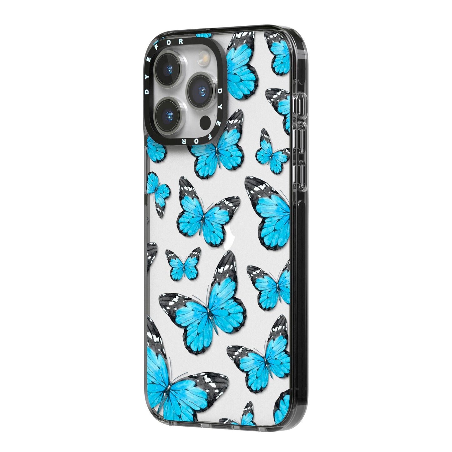 Blue Butterfly iPhone 14 Pro Max Black Impact Case Side Angle on Silver phone