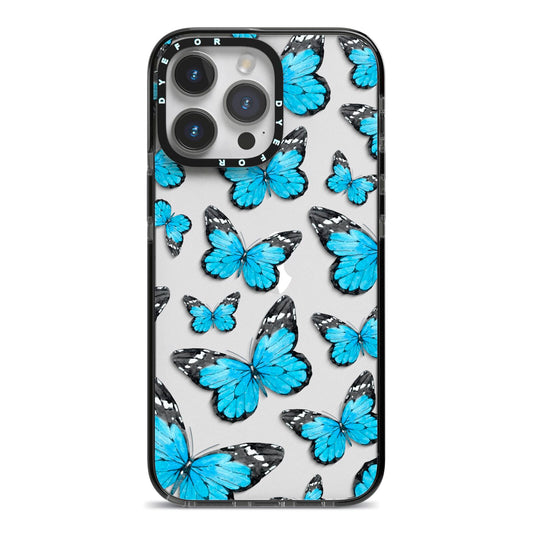 Blue Butterfly iPhone 14 Pro Max Black Impact Case on Silver phone