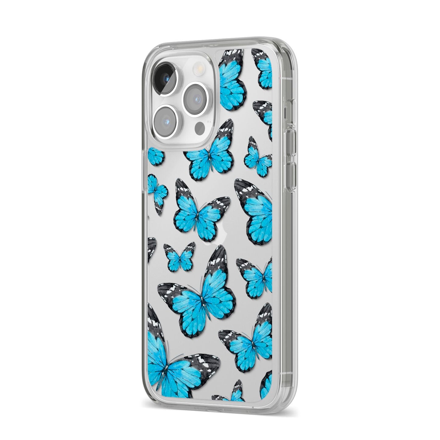 Blue Butterfly iPhone 14 Pro Max Clear Tough Case Silver Angled Image