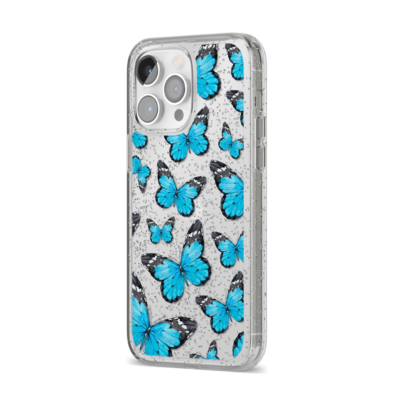 Blue Butterfly iPhone 14 Pro Max Glitter Tough Case Silver Angled Image