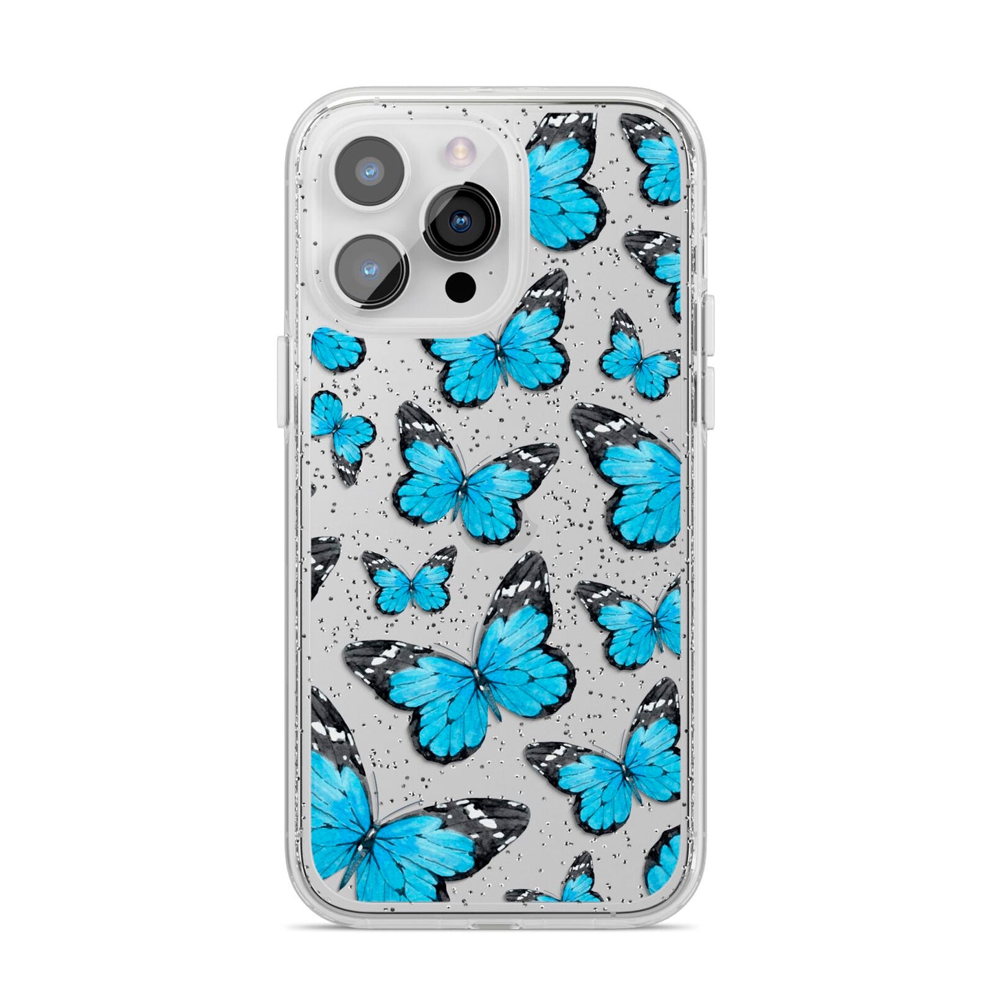 Blue Butterfly iPhone 14 Pro Max Glitter Tough Case Silver